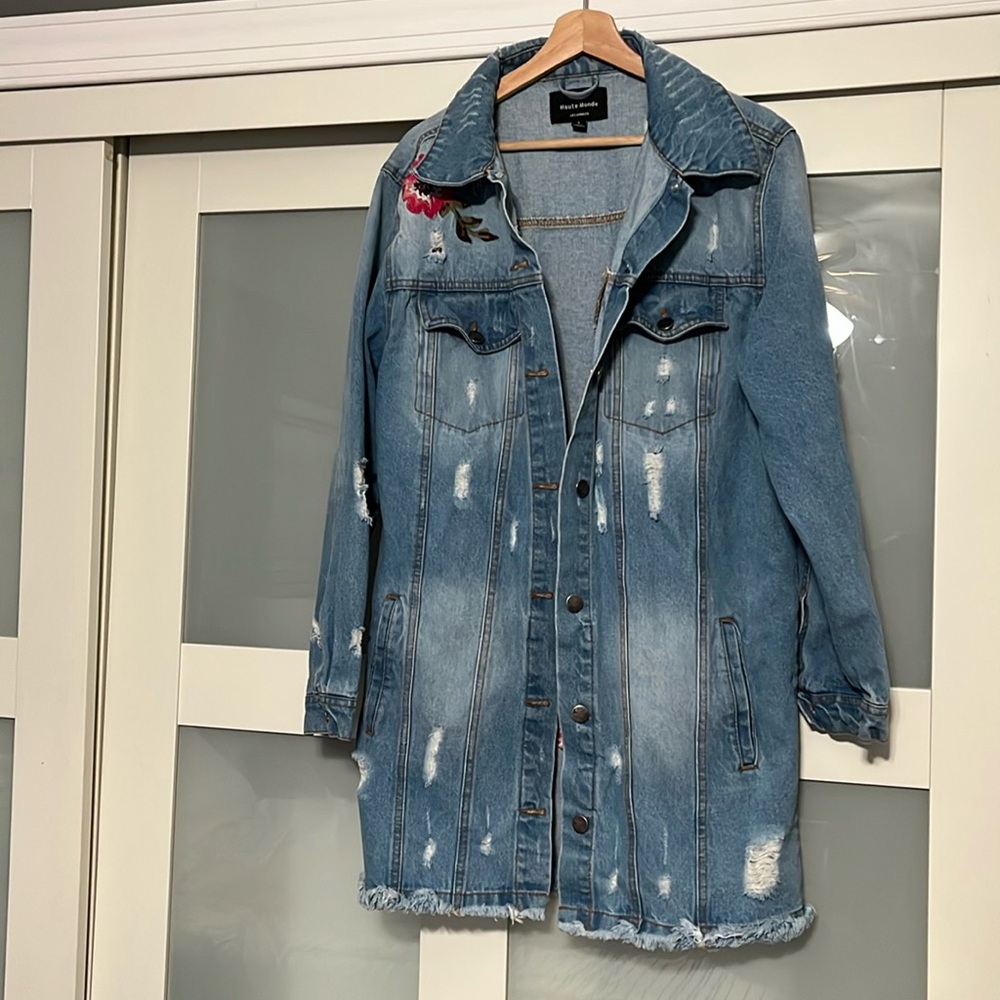 Haute Monde L.A designed distress long denim embroidery jacket sz L